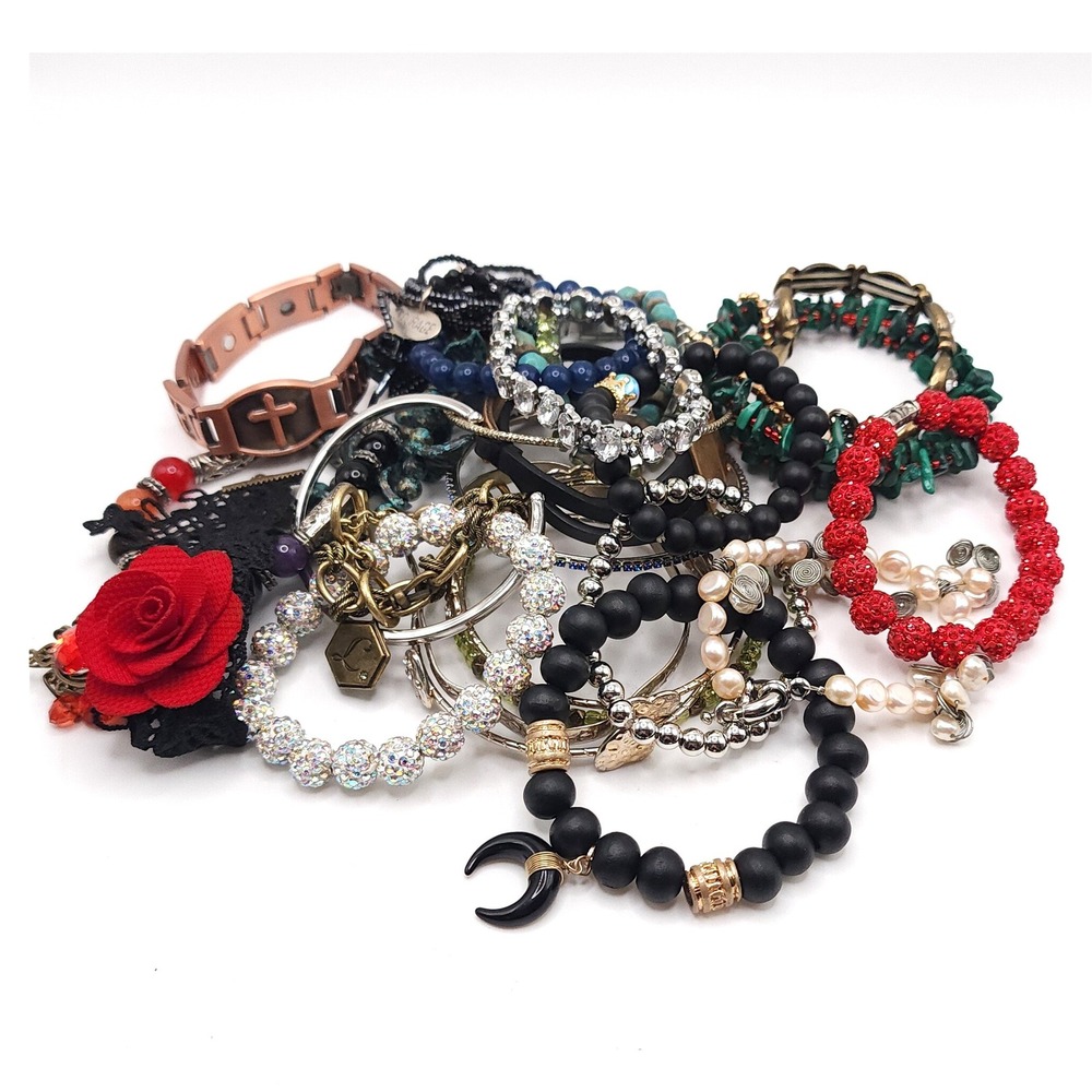 27 Piece Bracelet Bundle Lot Beaded Stretch Cuff Charm Cross Moon Multi Color